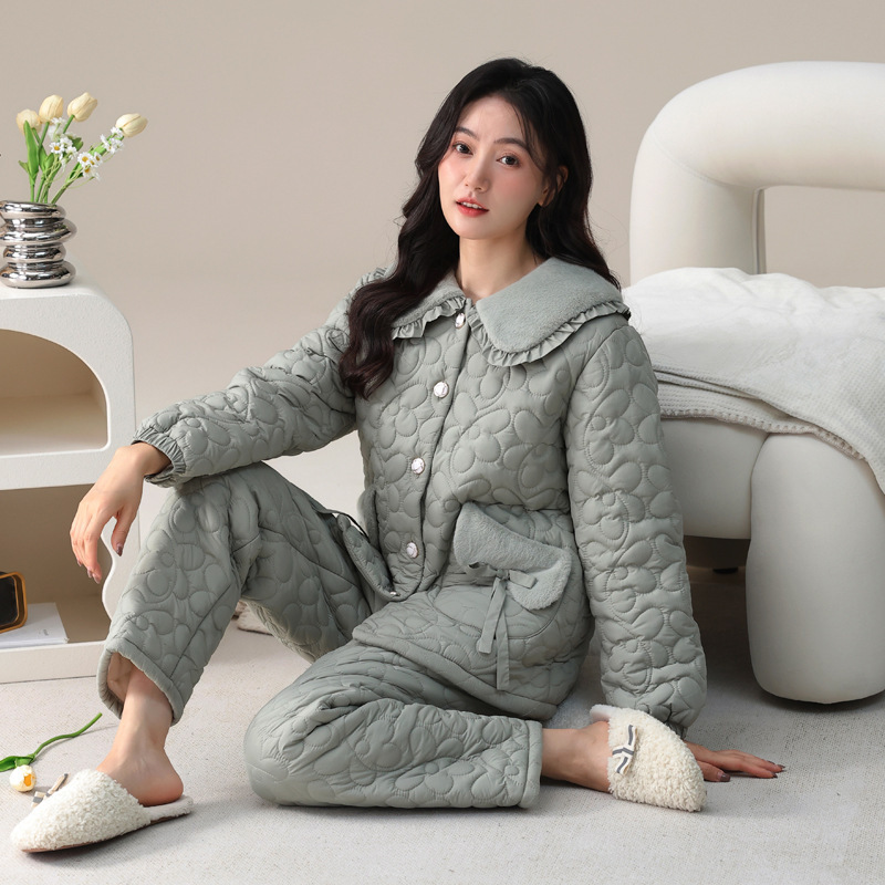 Pajamas Women's Winter Coral Fleece Three-layer Thickened fleece-lined Jacket Autumn and Winter Down Cotton-padded Jacket Warm Home Clothes