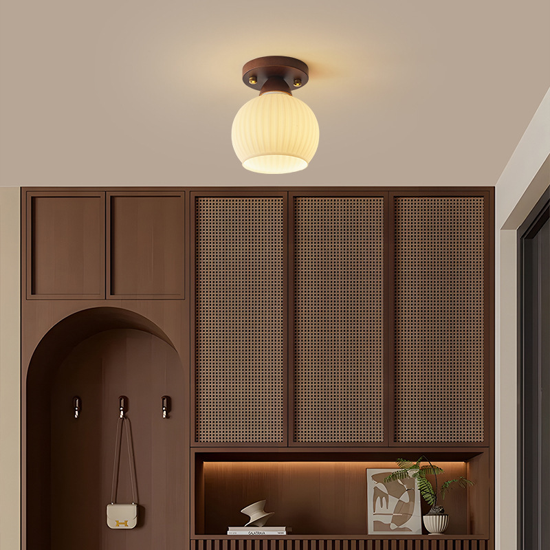 Corridor Light Cream American Vintage Glass Japanese Style Walnut Balcony Entrance Door Ceiling Light