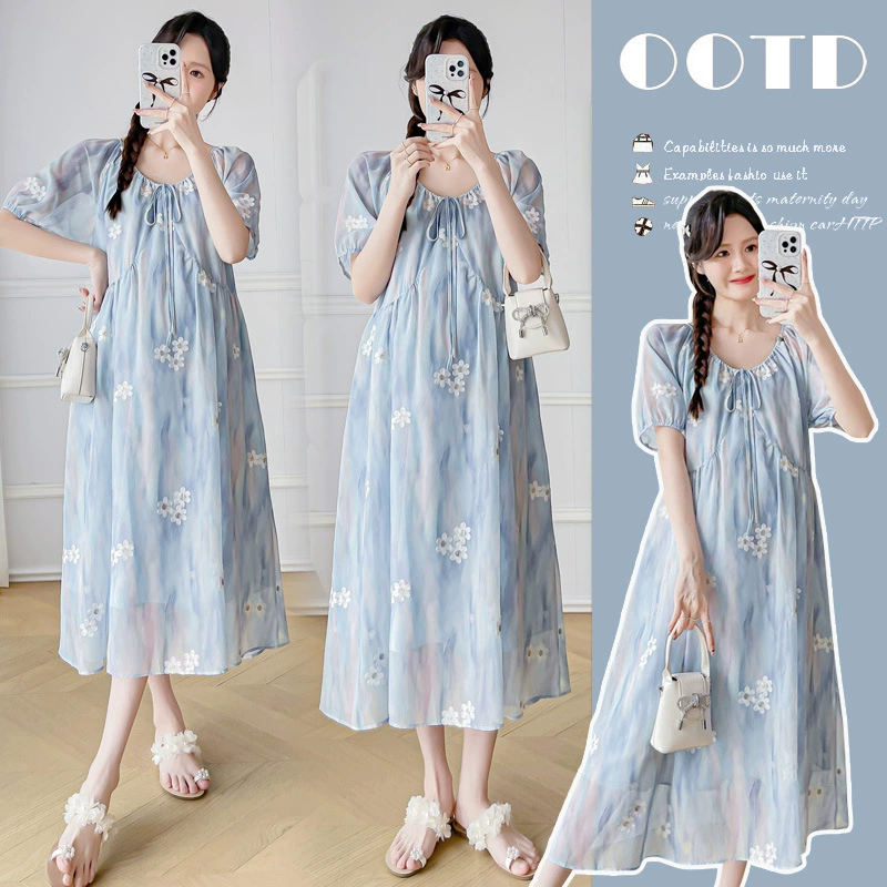 Пятно реальная одежда для беременных летом новый французский темперамент цветочные платья средней и большой размер вышивка для беременных