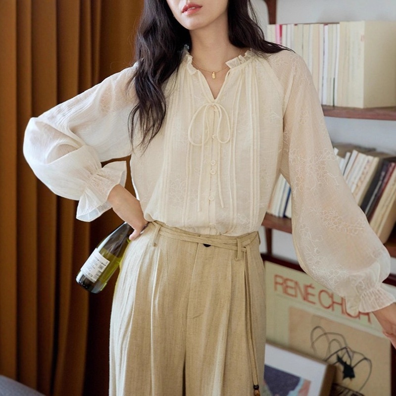 Moriirose Beige Ruffled V-Neck Striped Printed Shirt for Women Autumn French Retro Long-Sleeve Elegant Top