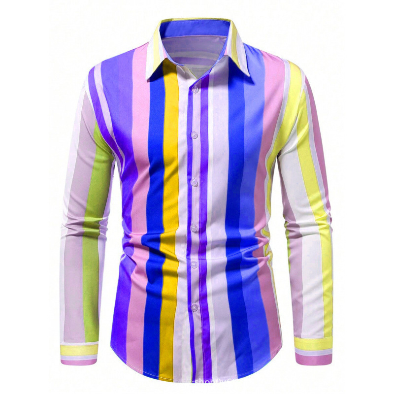 Cross-Border Rainbow Vertical Stripe Men's 3D Digital Print Long-Sleeve Shirt with Color-Blocking Gradient Casual Shirt Factory Wholesale Cross-Border Rainbow Vertical Stripe Men's 3D Digital Print Long-Sleeve Shirt with Color-Blocking Gradient Casual Shirt Factory Wholesale