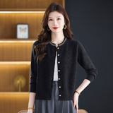 秋冬圆领全毛针织衫长袖新款休闲单排扣薄开衫100%羊毛妈妈毛衣，女装针织衫/毛衣，妃慕昵服饰