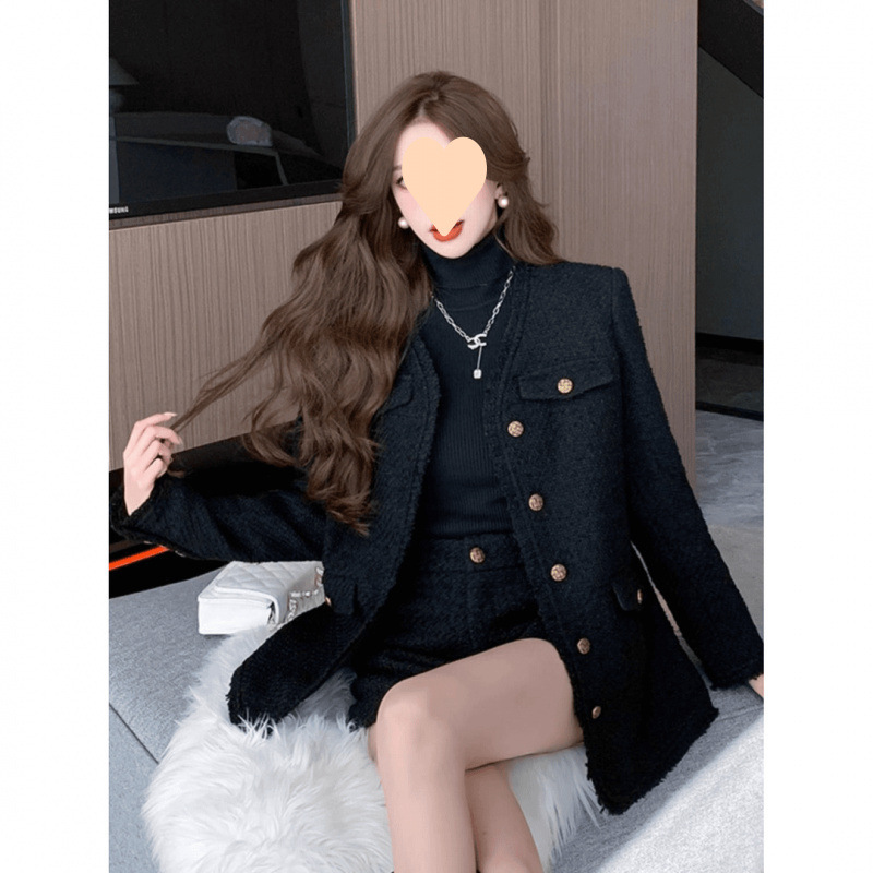 Black Chanel Style Coat Women Cotton Spring and Autumn and Winter New French Collar Retro Tweed Slimming Top for Women