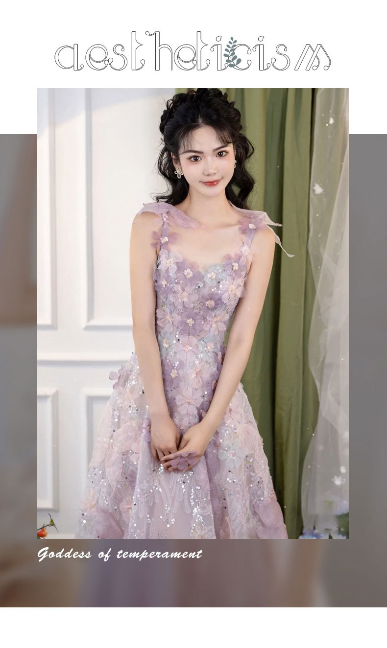 Women's Purple Lace Floral Banquet Dress High-End Slip Dress Light Luxury Niche Style New Fashion For Wedding Party Wear_ecoleips.com