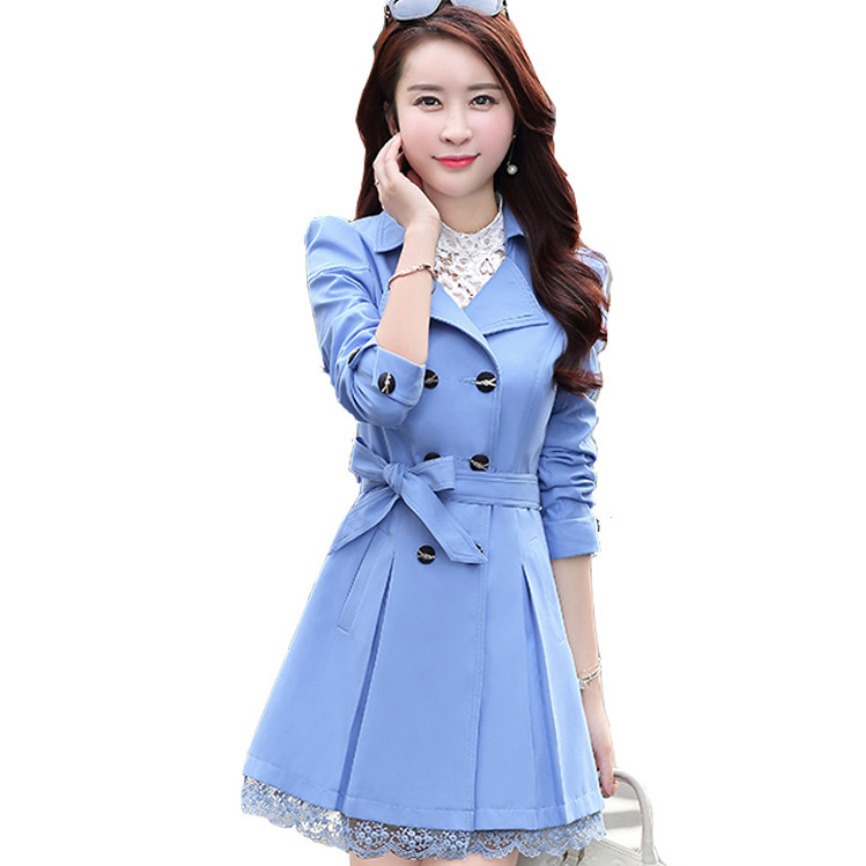 Foreign trade wholesale Spring and Autumn New Korean style thin slim-fit long sleeve solid color lace mid-length trench coat for women Spring