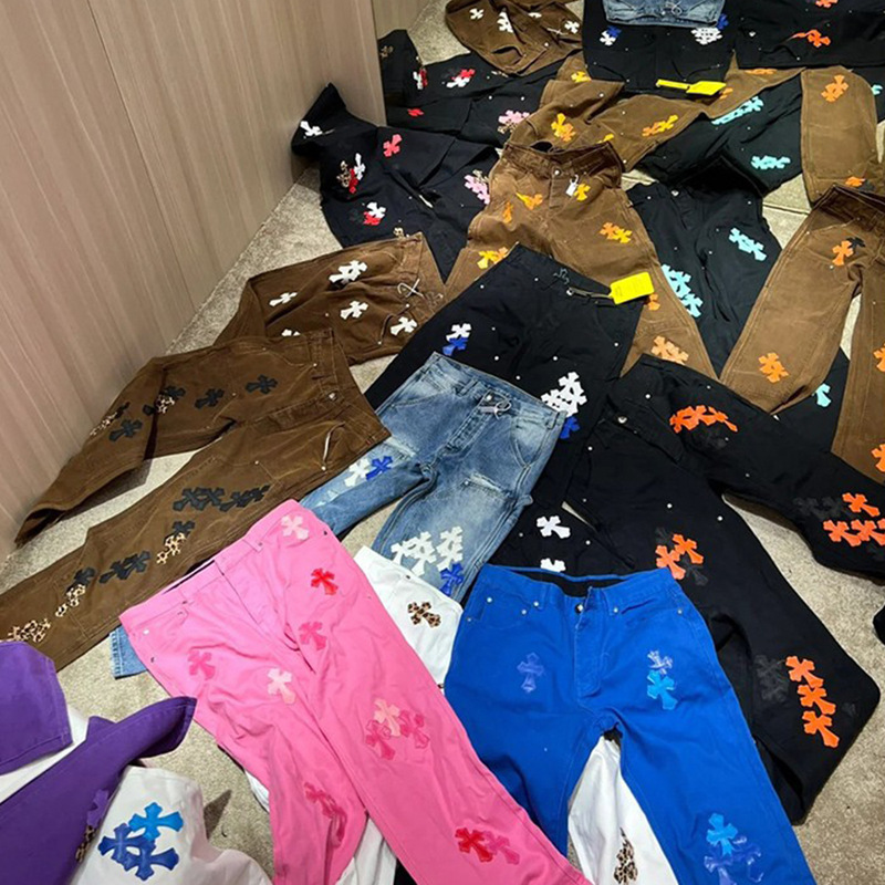 In-Stock Ch Trendy Brand Pants Limited Edition Flame Cross Embroidery Straight-Leg Vintage Washed Celebrity Style Jeans