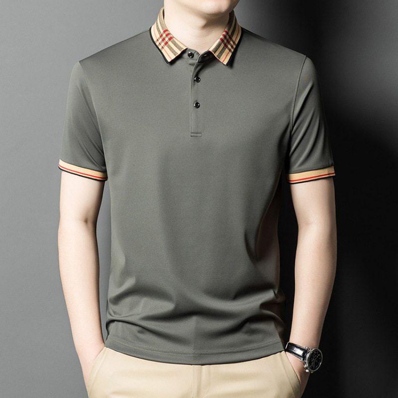 2025 New Men's Business Silk T-Shirt with One-Shoulder Collar, Embroidered, Non-Wrinkle, Kaisa Geni&92328