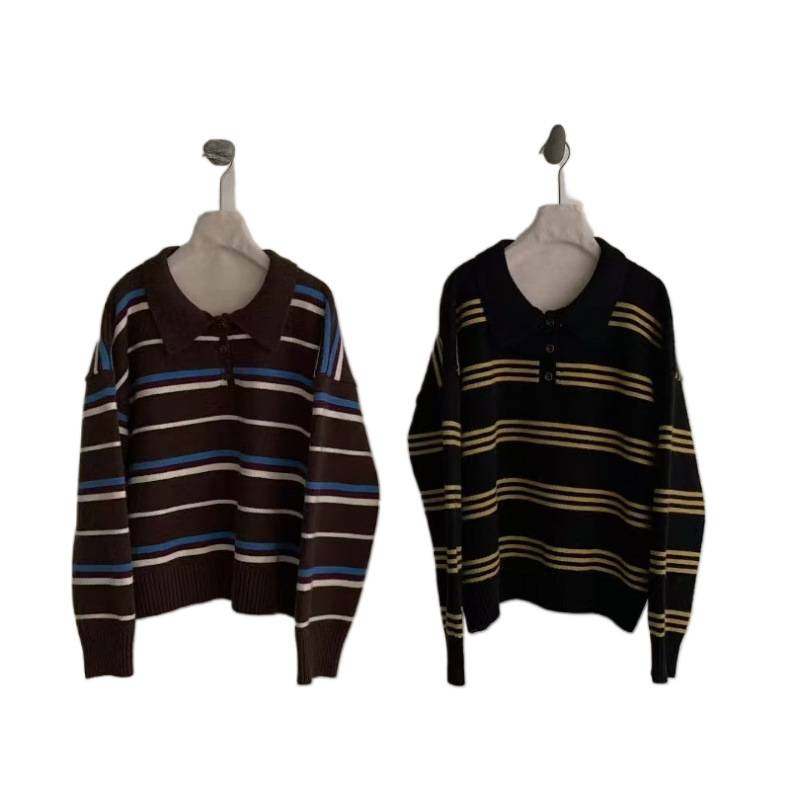 Corea del Sur 2025 otoño nuevo polo cuello de manga larga camiseta de punto de lana suéter retro mujer