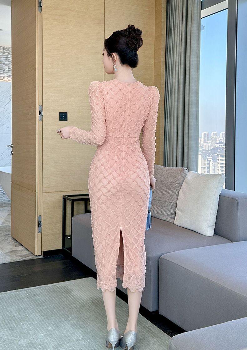 Váy dài thắt eo tay bồng họa tiết nổi dự tiệc nữ — Màu cam chi tiết 16