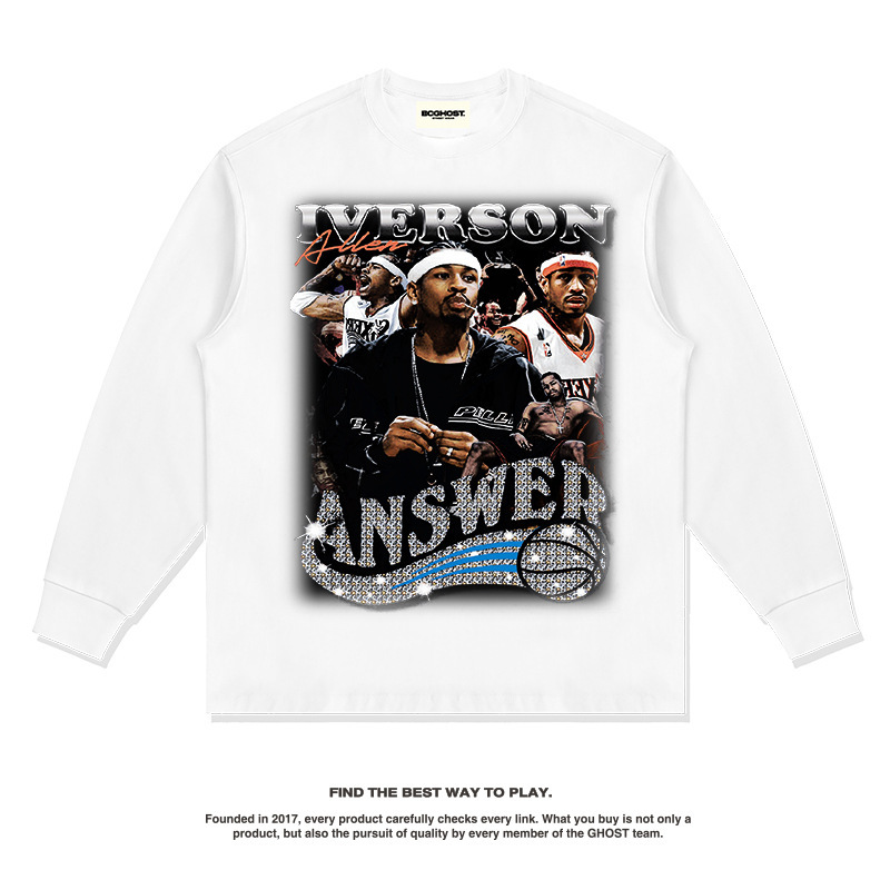 Iverson American Star camiseta hip-hop de la calle impresión de moda retro hacer viejo lavado pesado cuello redondo manga larga