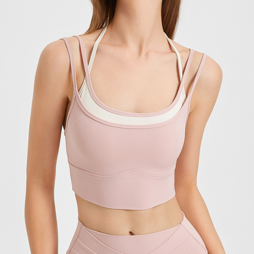 Cross-border all-in-one bra pad yoga wear underwear women's contrasting color fake two-piece quick-drying sports bra beautiful back fitness top summer