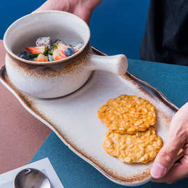 日式早餐餐具一人食碗碟套装陶瓷手柄碗家用单人麦片碗盘烤箱专用