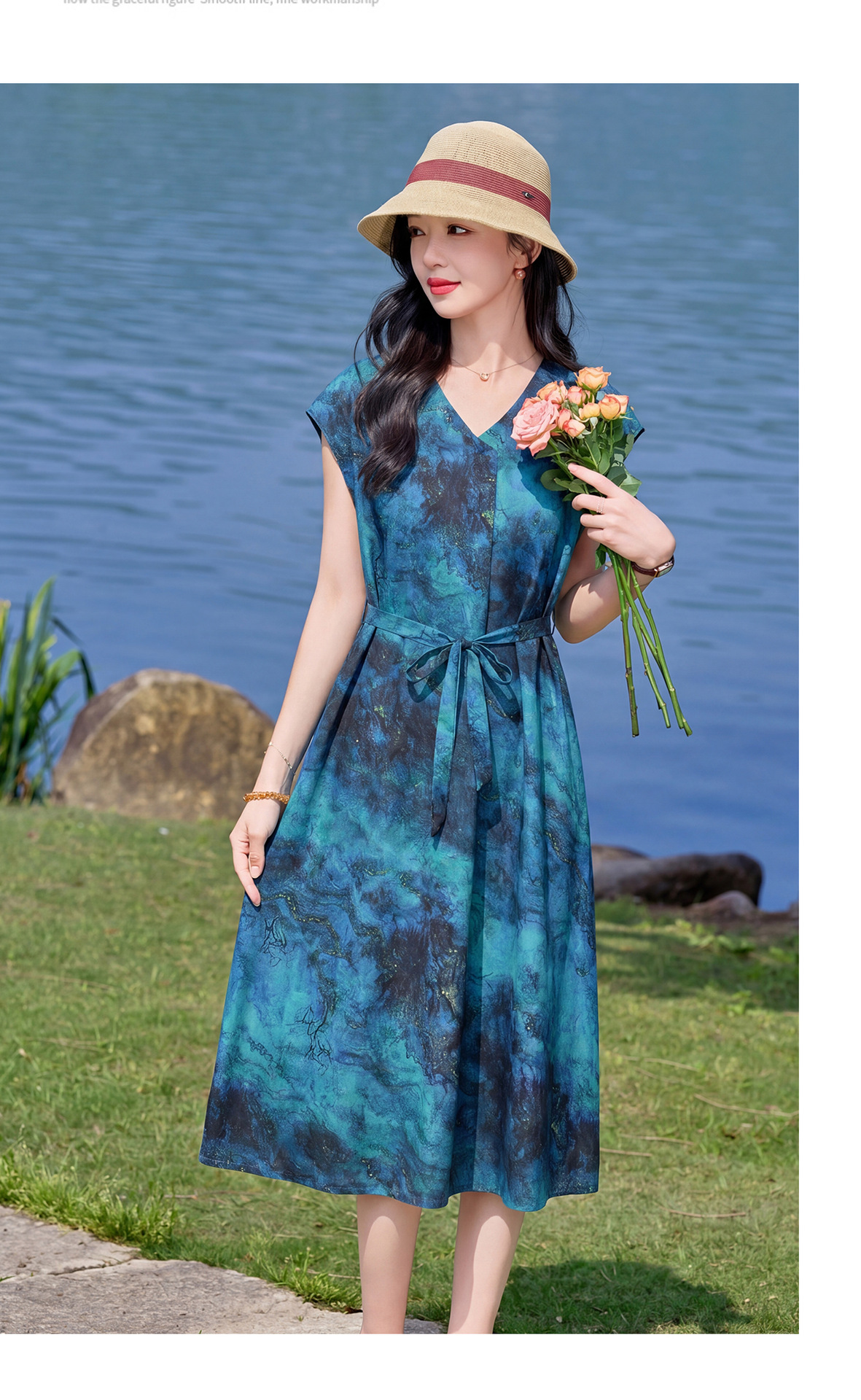 Đầm maxi nữ V cổ thắt eo họa tiết hoa nhí — xanh lam, màu vàng, màu đỏ chi tiết 26