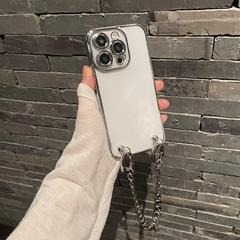 電鍍手提銀鏈條適用蘋果14promax手機殼iphone13簡約12自製11/7se