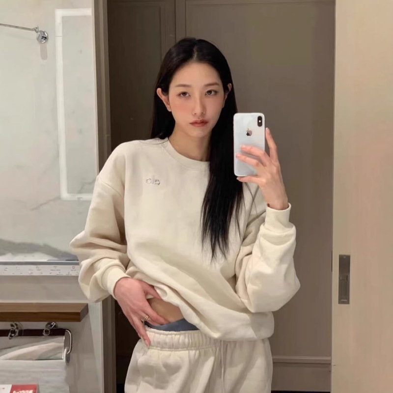 Aloqeaios26 Spring and Autumn New Style Terry Round Neck Long-Sleeved Sweatshirt Pure Color Loose Slimming Sports Casual Women Aloqeaios26 Spring and Autumn New Style Terry Round Neck Long-Sleeved Sweatshirt Pure Color Loose Slimming Sports Casual Women