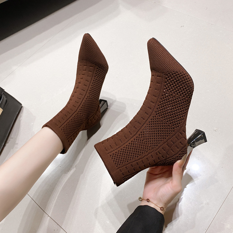 Large size new pointed socks boots women's medium tube thick heel high heels fashion outside elastic boots wool boots_voghion.com