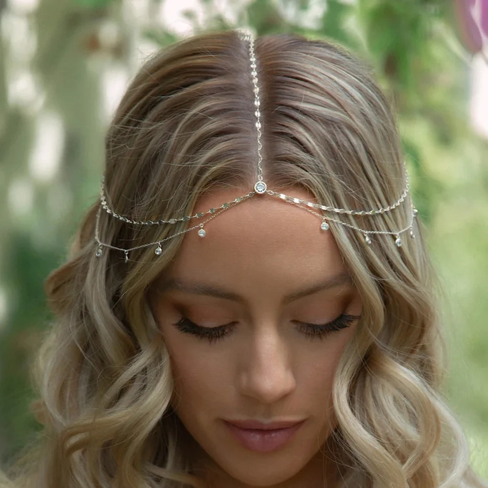 Europa y los Estados Unidos venta caliente simple cadena de cabello de novia alta sensación colgante de diamante tocado accesorios simples cadena de cabello