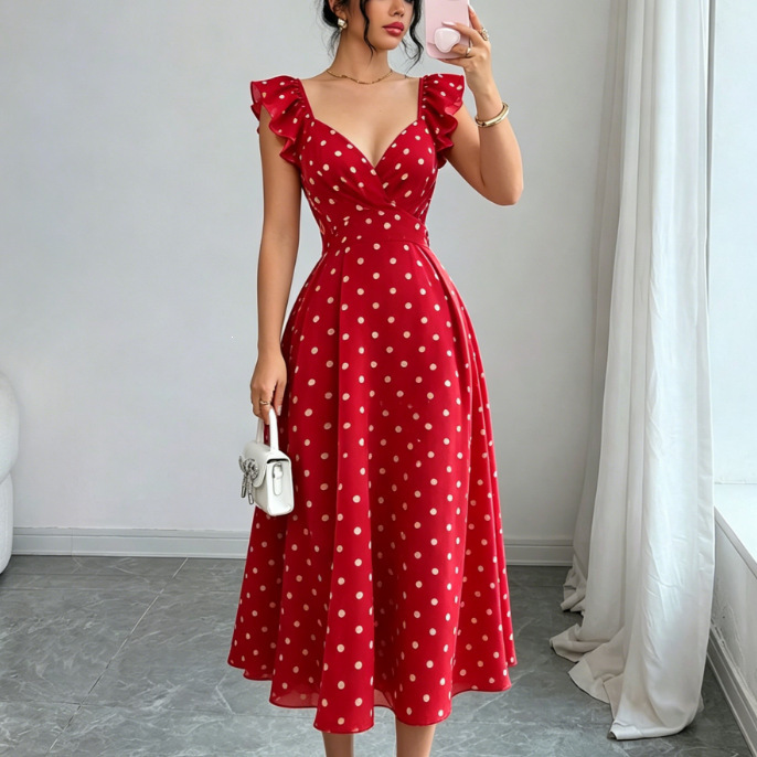 Women's Summer Casual Elegant Polka Dot Print V-Neck Ruffled Pleated Bow Tie Waist Long Dress Women's Summer Casual Elegant Polka Dot Print V-Neck Ruffled Pleated Bow Tie Waist Long Dress