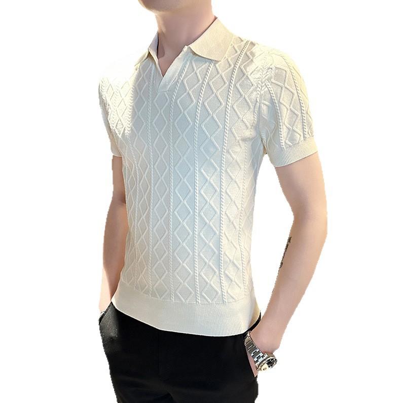 Camisa POLO cuello en V manga corta hombre textura en forma de diamante sentido negocio británico delgado verano hielo seda marea comercio exterior transfronterizo al por mayor
