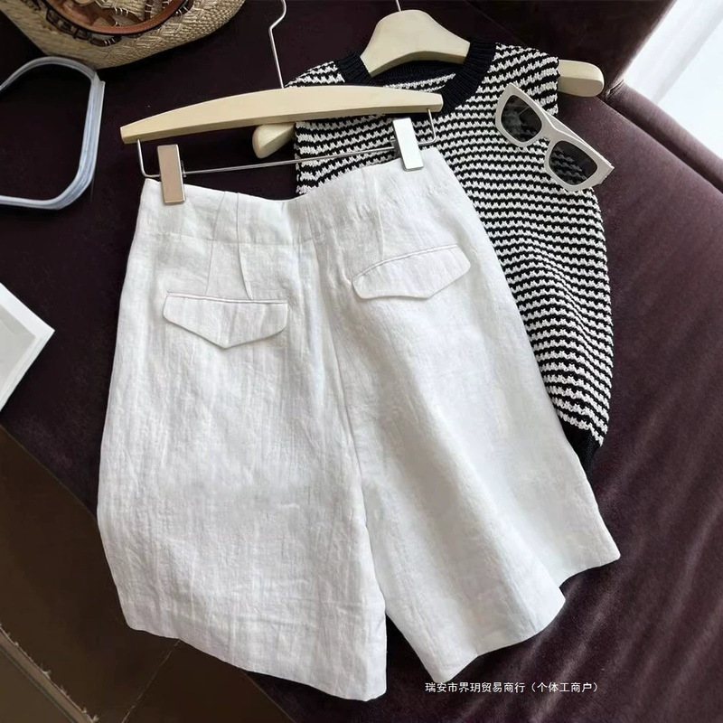 Japanese-style white linen suit shorts for women, summer high-waisted thin high-end wide-leg cotton-linen casual loose shorts