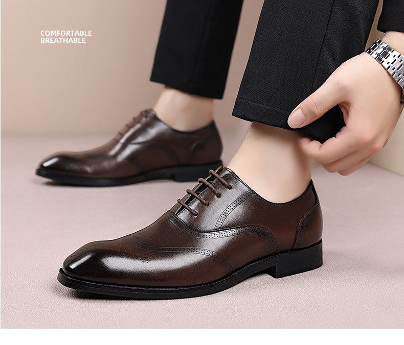 Giày da nam công sở da bò lớp đầu mũi nhọn Brogue buộc dây đế gỗ — Màu nâu, màu đen chi tiết 17