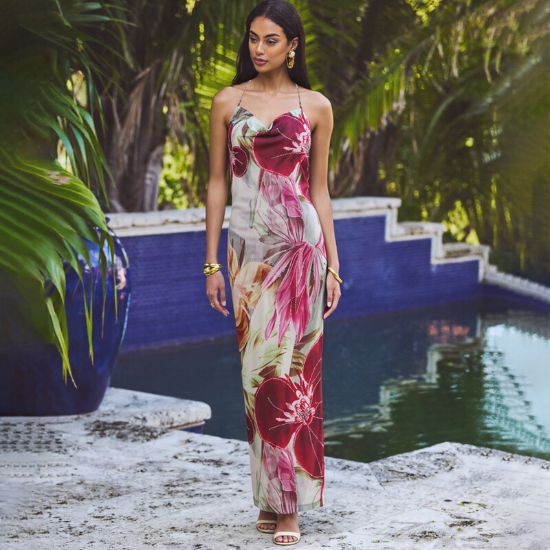 K24D57158 Foreign Trade 2026 Spring Sexy Waist-Cinching Backless Tie-Up Long Dress Halter Neck French Style Slit Dress