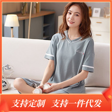 睡衣女夏季短袖七分裤套装纯棉套头大码舒适可外穿家居服现货批发