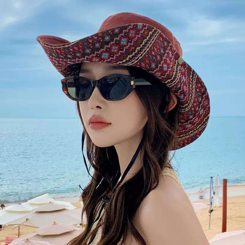 遮阳帽户外登山渔夫帽夏季女大檐遮阳帽子男民族风盆帽露营防晒帽