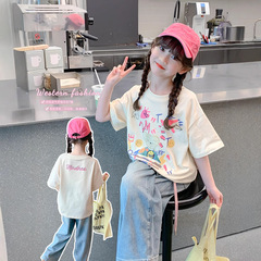 女の子の純綿半袖T2025新型子供の夏の思いやりの中の子供の夏のアニメのプリントの半袖の上着