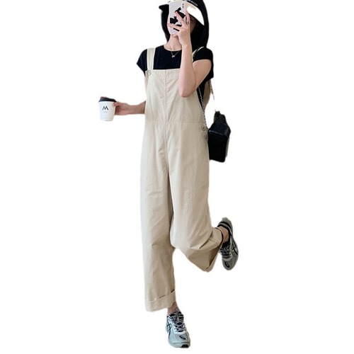 Work overalls for women, spring style, age-reducing, high-waisted, loose, adjustable shoulder straps, wide-leg jumpsuit for small people
