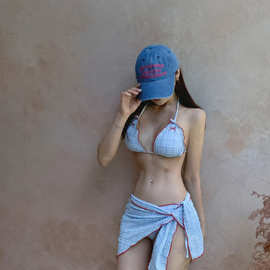 小清新格子刺绣蝴蝶结三件套比基尼飞边三角遮挡巾泳衣女度假泳装