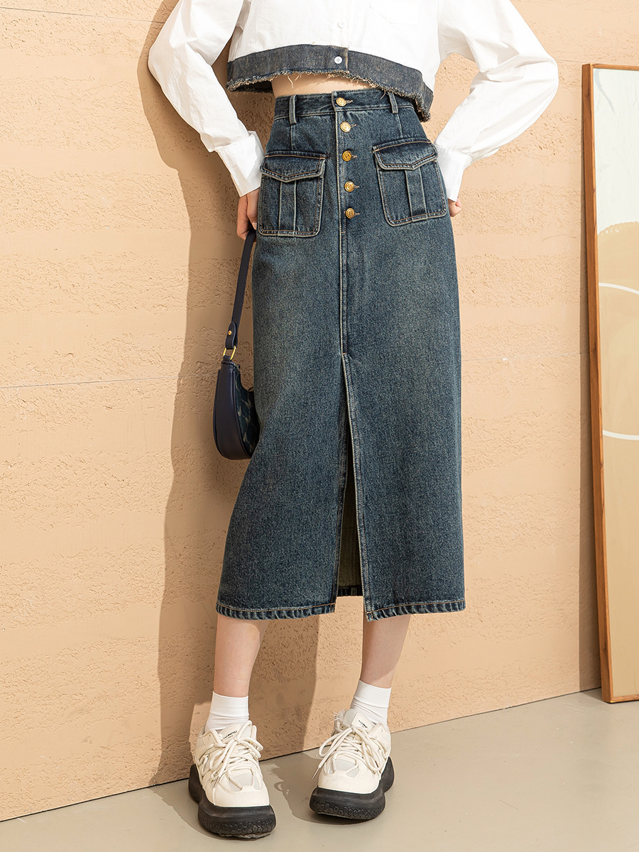 Chân váy denim cạp cao chữ A dáng dài vừa phong cách cổ điển tôn dáng — Màu xanh lam