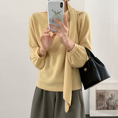2025秋季上衣女新款100纯羊毛飘带圆领设计长袖羊毛衫t恤打底上衣