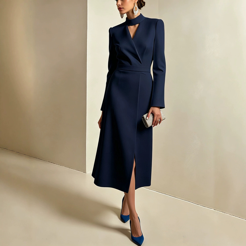 Cross-border new design, stylish halter-neck V-neck midi dress, long sleeves, fitted waist, front slit, formal and elegant, suitable for work or everyday wear Cross-border new design, stylish halter-neck V-neck midi dress, long sleeves, fitted waist, front slit, formal and elegant, suitable for work or everyday wear