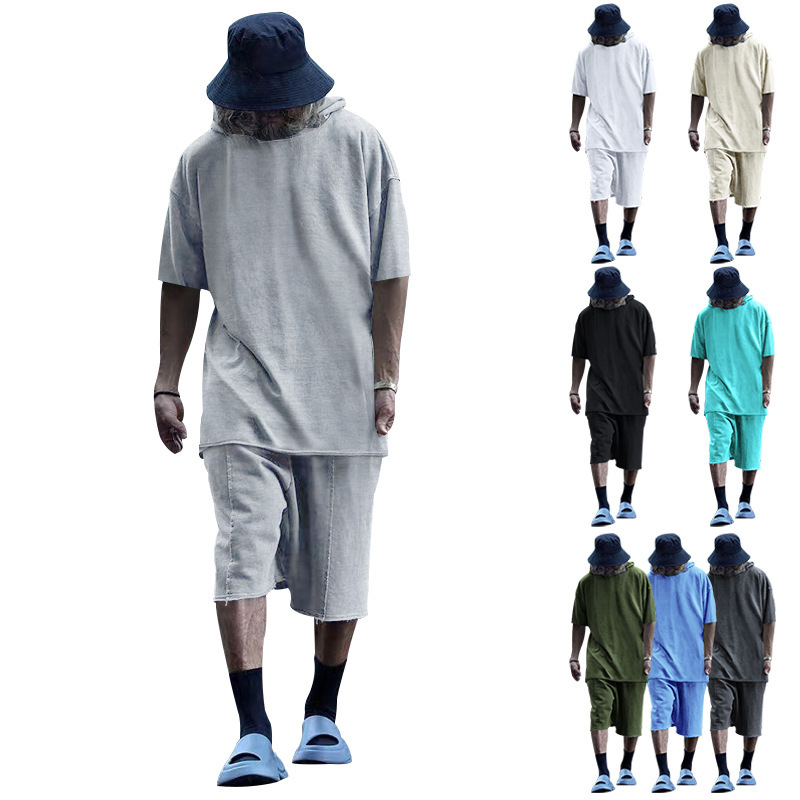 2024 Men's Short Sleeve Shorts Oversize Fur Loose Sports Casual Hooded Set_mkmklike.com
