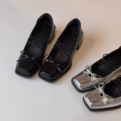 レトロクロスストラップメリージェーンシューズ女性用厚底ヒール5cm高めボウノット浅口革靴
