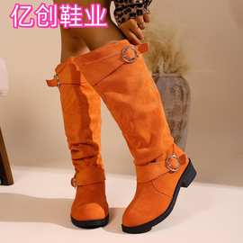 2025跨境外贸欧美秋冬季新款女靴子圆头中跟一脚蹬大码高筒长靴子