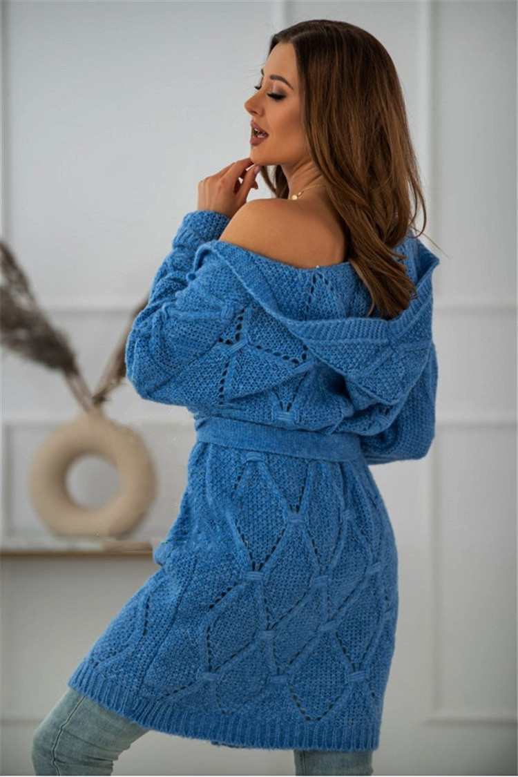 2024 neuer gestrickter Kapuzenpullover mit langen Ärmeln, lässige Strickjacke, Pulloverjacke in Übergröße, Taillengürtel für Damen, 8 Farben_voghion.com