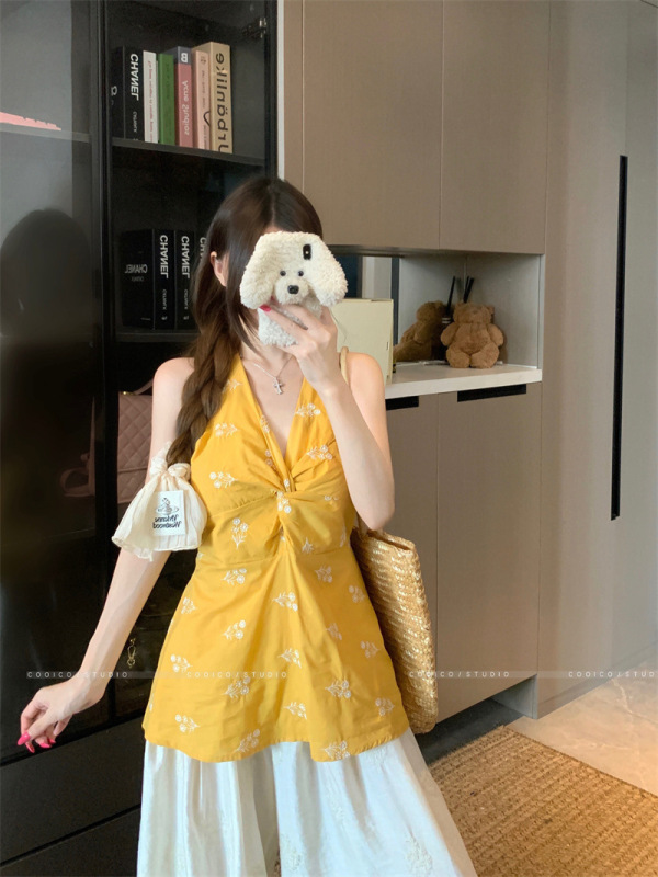 フレンチパープル刺繍Vネックホルターネックキャミソールレディース夏ノースリーブウエストシャツデザインアウタートップ|undefined