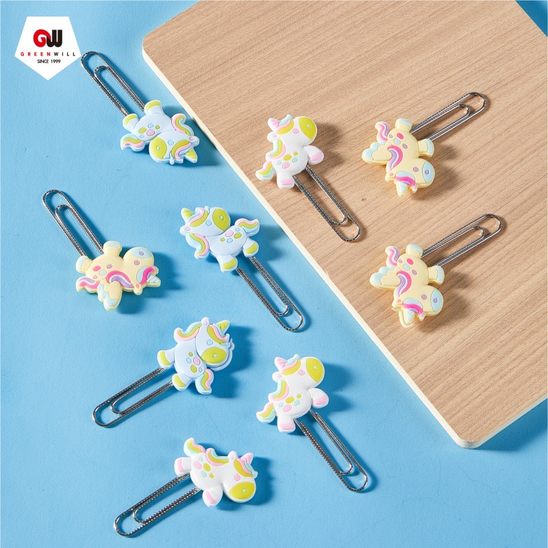 Unicornio de dibujos animados clips marcadores de libros de estudiantes carpeta de páginas adorable suministros de oficina pequeños regalos escolares pegamento suave