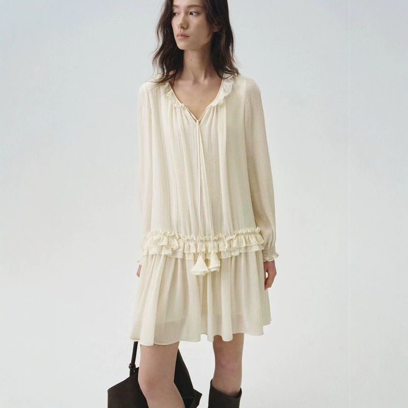 "Cloudy Softness" Floral Lace-Up Loose Vacation-Style Ruffle Dress for Women Summer Source Manufacturer