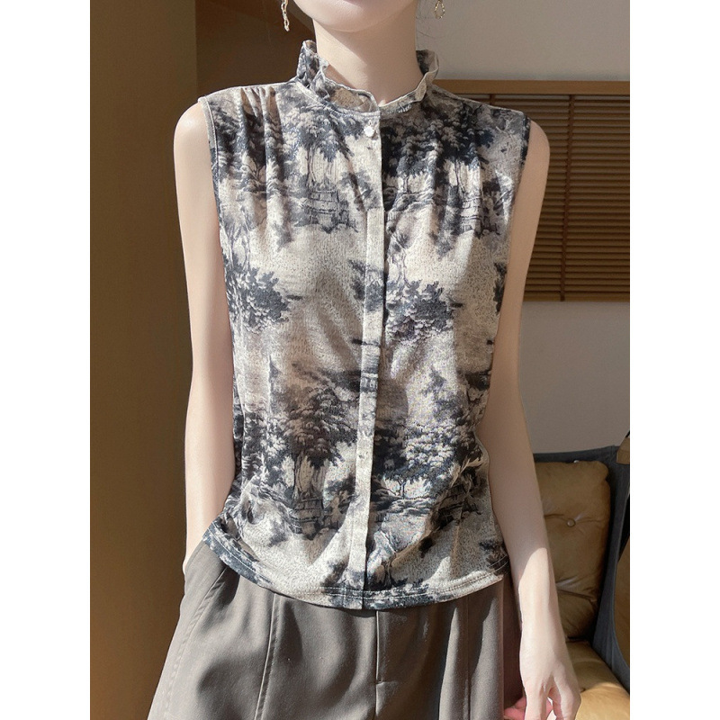 2025 Spring/Summer New Ruffled Round Neck Hidden Button Sleeveless Shirt Gradient Base Layer National Style Short Sleeve Top Women's Clothing 2025 Spring/Summer New Ruffled Round Neck Hidden Button Sleeveless Shirt Gradient Base Layer National Style Short Sleeve Top Women's Clothing