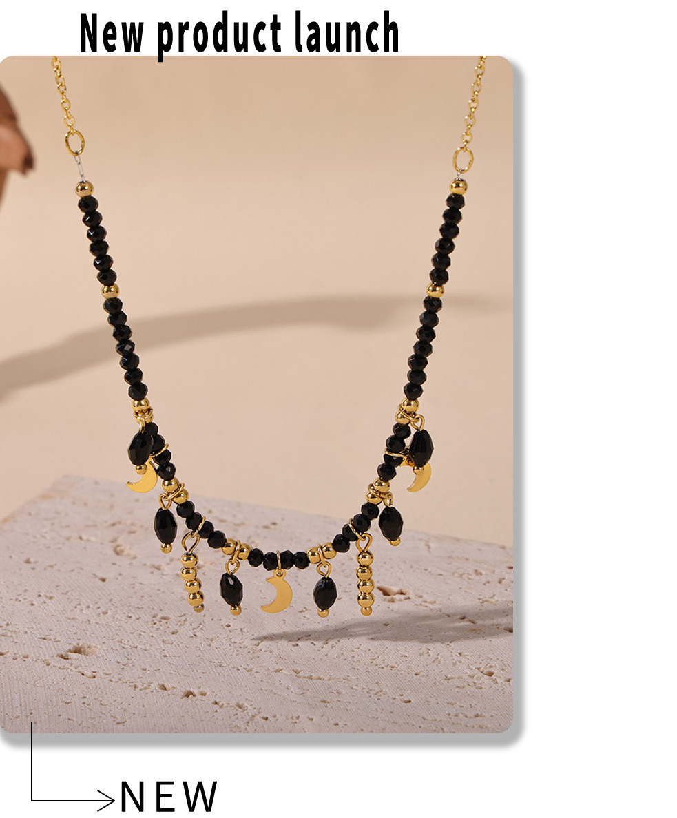 Sugar Cube Retro Temperament Black Crystal Moon Tassel Pendant Clavicle Necklace Stainless Steel Dark Queen Jewelry_voghion.com