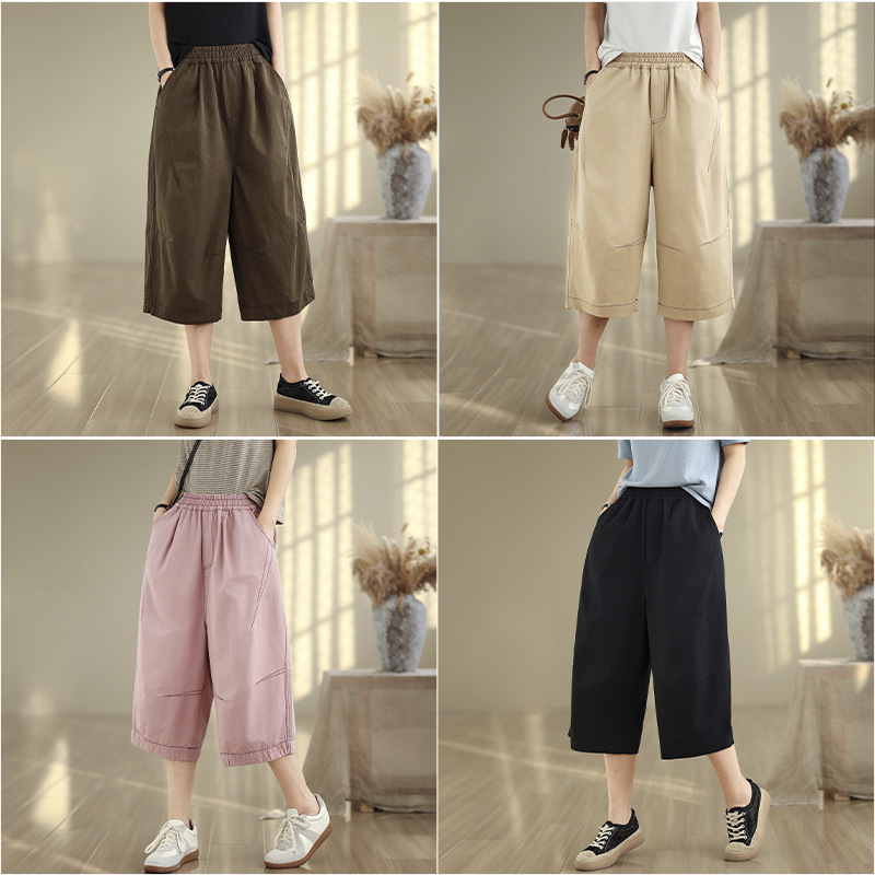 Real Shot of 2025 Retro Stereo Splicing Cotton Casual Pants for Women, Fashionable Top-Stitched Wide-Leg Pants, Slim and Loose Cropped Pants