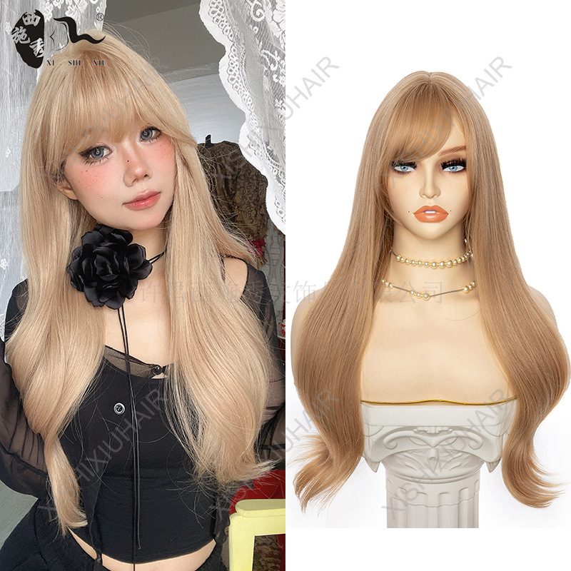 Foreign trade Europe and the United States hot girl French long curly hair neat bangs rose gold matte chemical fiber wig female headgear a generation of hair