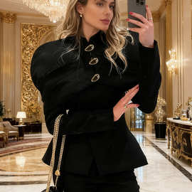 秋冬欧美通勤女装小香风外套高级感轻奢复古黑色百搭时尚修身上衣
