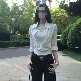 秋季新款防晒罩衫收腰显瘦白色衬衣上衣假两件拼接翻领长袖衬衫女