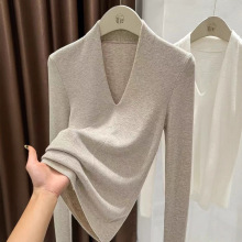V领长袖针织打底衫女内搭2025秋冬新款气质套头毛衣修身显瘦上衣