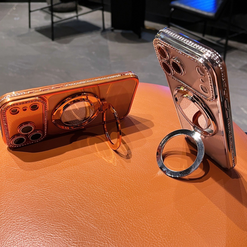 Square Diamond + Glitter Ring Mirror Stand Suitable 17 Pro Max Phone Case, New Model For IPhone 16/15/14_voghion.com