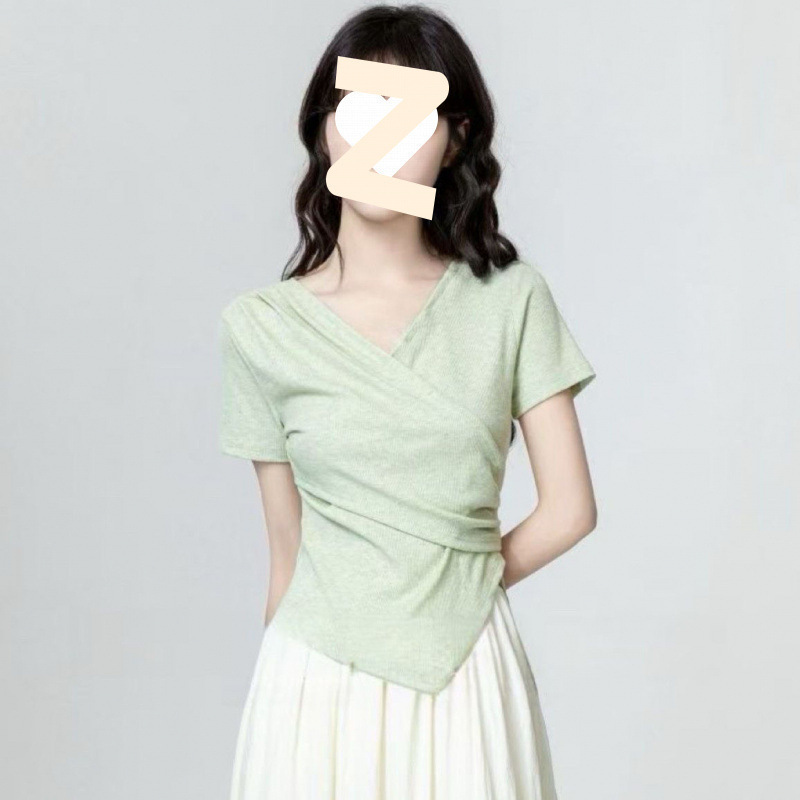 グリーンカラー半袖シャツ女性の夏の新しいスタイル不規則なクロスウエスト痩身右肩Tシャツショートトップ|undefined